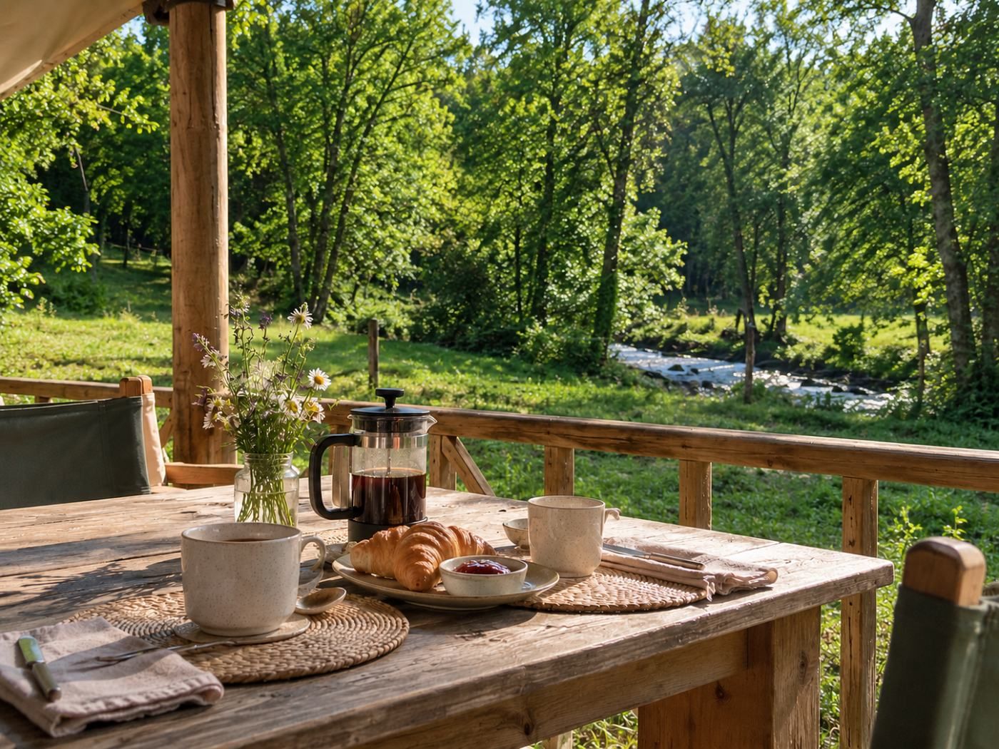 Breakfast on the veranda: a cafetiere of coffee, a croissant and jam on a scrubbed wooden table, wildflowers in a jar, and the stream running past the meadow beyond.