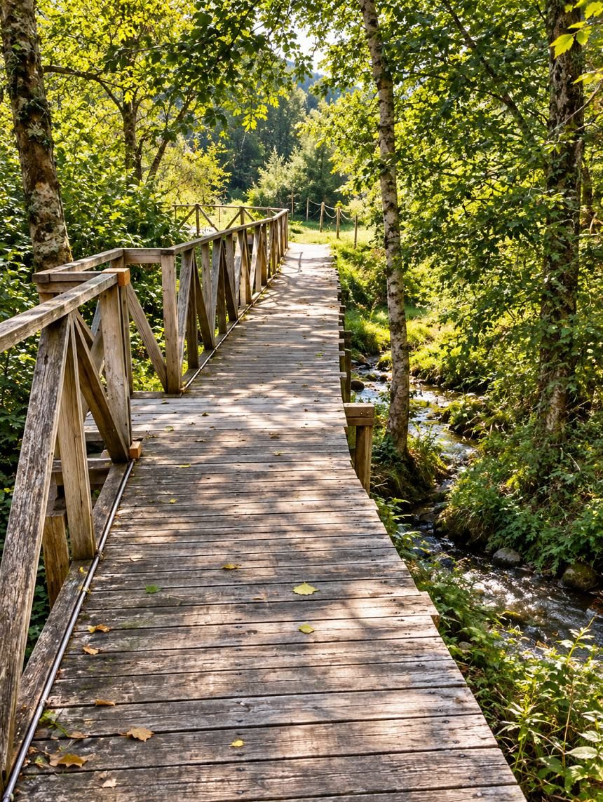 A wooden footbridge beside the stream under a canopy of green leaves, dappled sunlight across the boards and the path running on into the meadow.