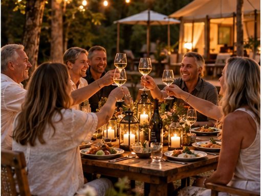 Friends raising a glass around a lantern-lit table at dusk.