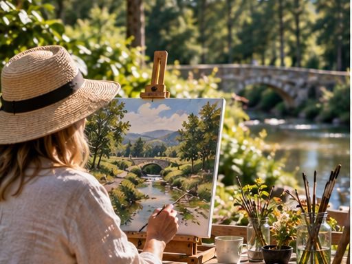 Painting at an easel on the bank, with the water and the woods beyond.