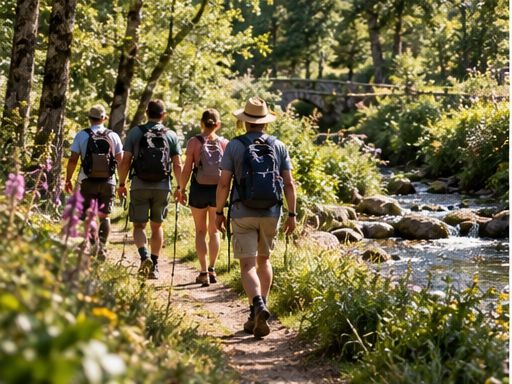 Four walkers following a path along the stream through the woods.