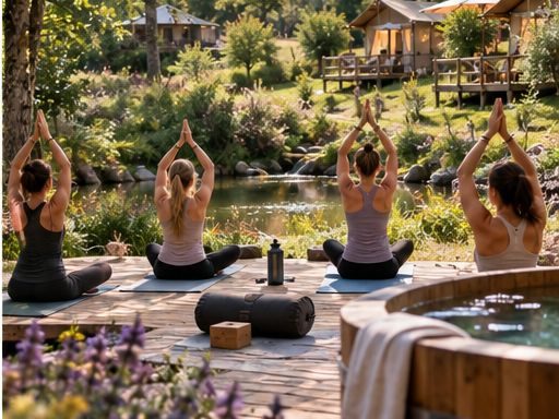 A small yoga group on a deck beside the water in the morning light.