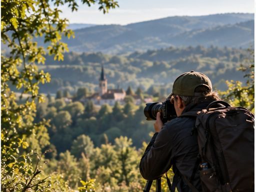 A photographer on a hillside, looking out over a village church in the valley.