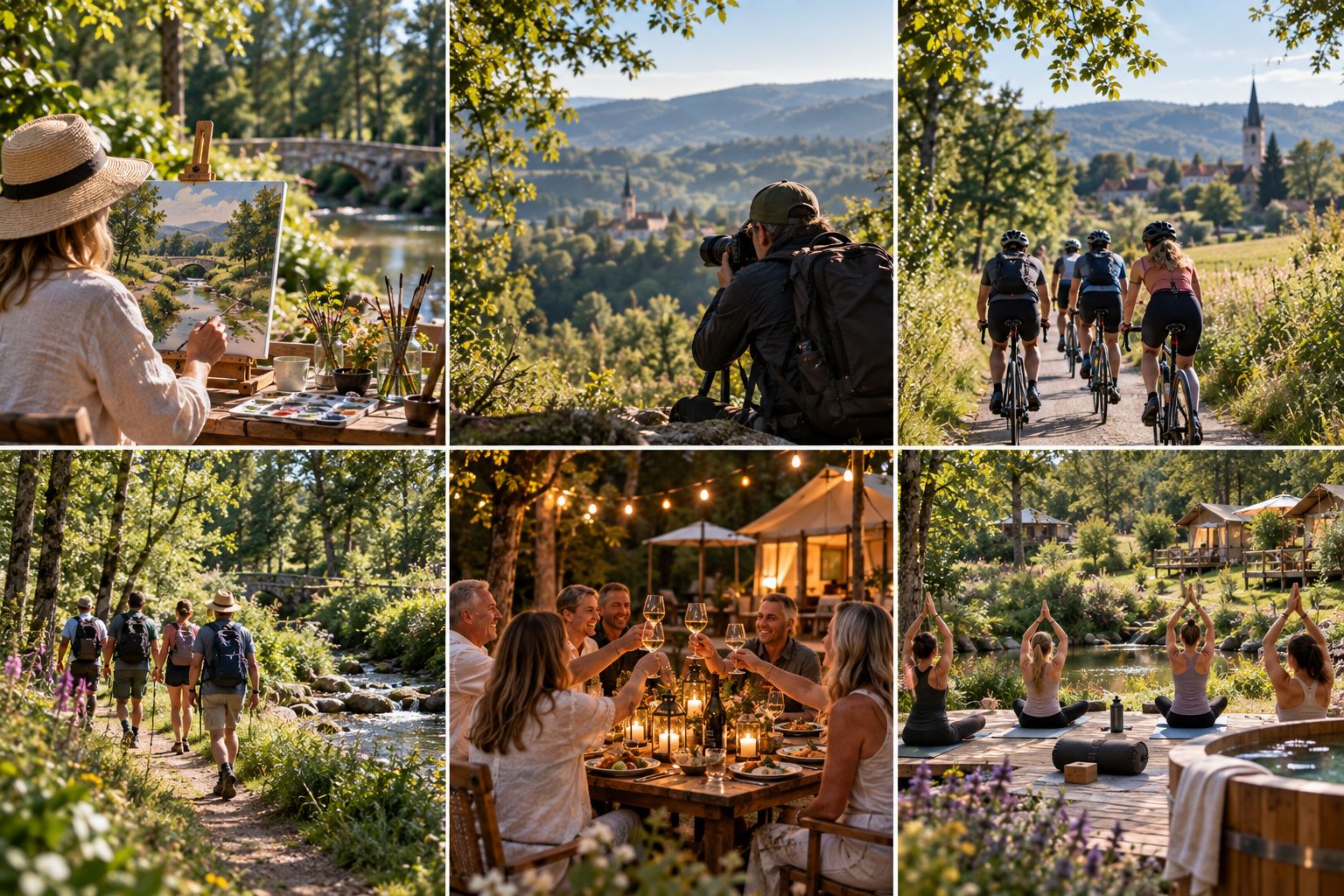 Six sides of a stay at the Domaine: painting at an easel by the water, a photographer looking out over a village in the hills, a group cycling a country lane, walkers following the stream through the woods, friends raising a glass around a lantern-lit table, and a small yoga group on a deck by the water.