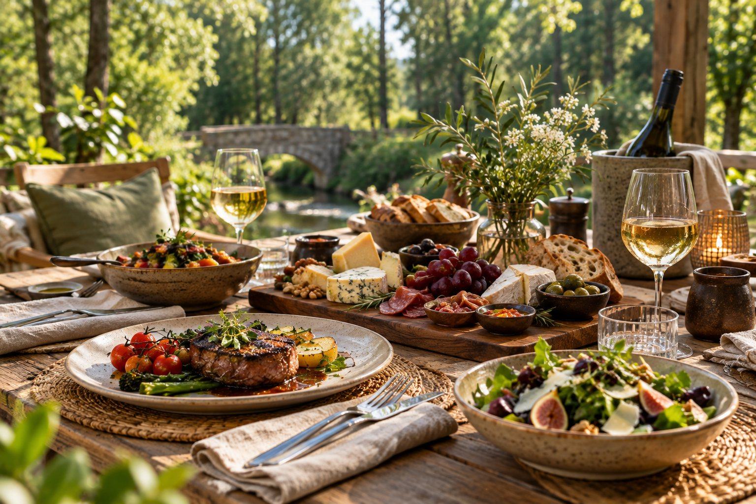 A long table laid outdoors at Gilly&rsquo;s: steak and greens on a plate, a board of French cheeses, charcuterie, olives and bread, a bowl of salad and chilled white wine, with a stone bridge and the stream behind.