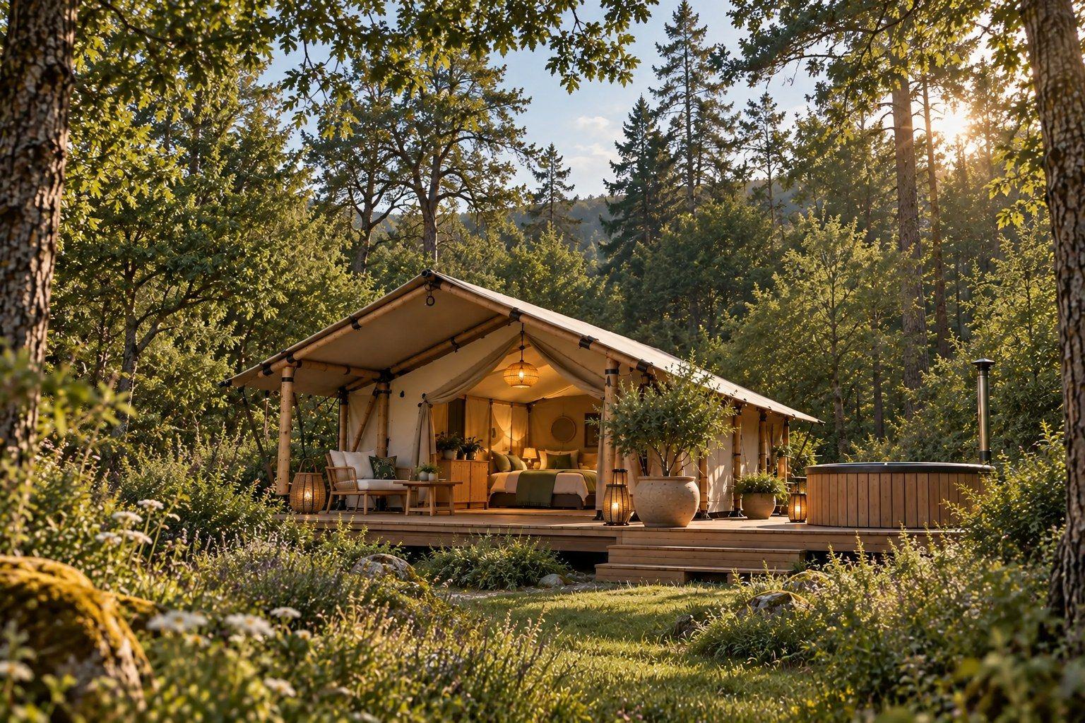 A lamplit safari tent on a timber deck at the edge of the woods, with a wood-fired bath beside it and wildflowers in the grass.