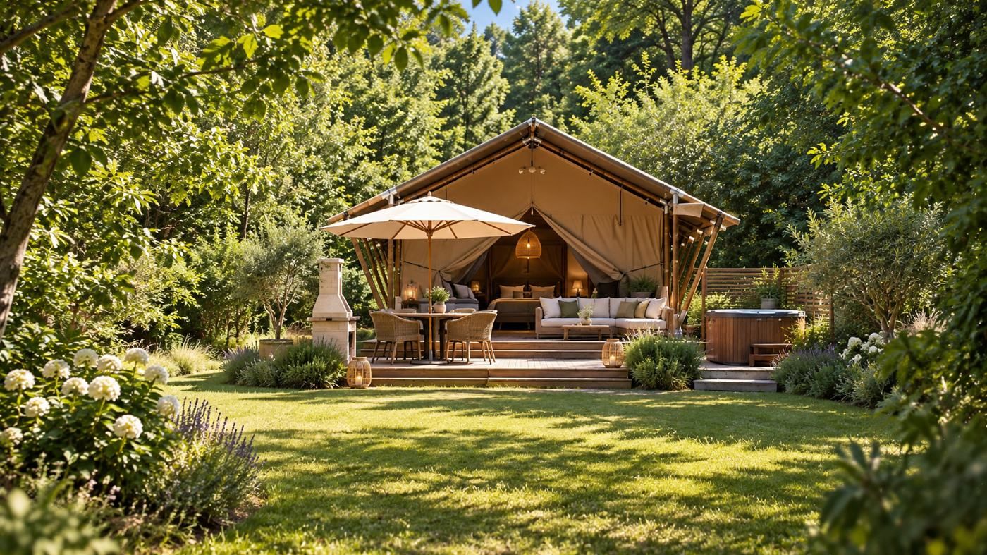 A safari retreat open to the lawn, with a bed visible inside, a parasol and table on the deck and a wooden bath to one side.