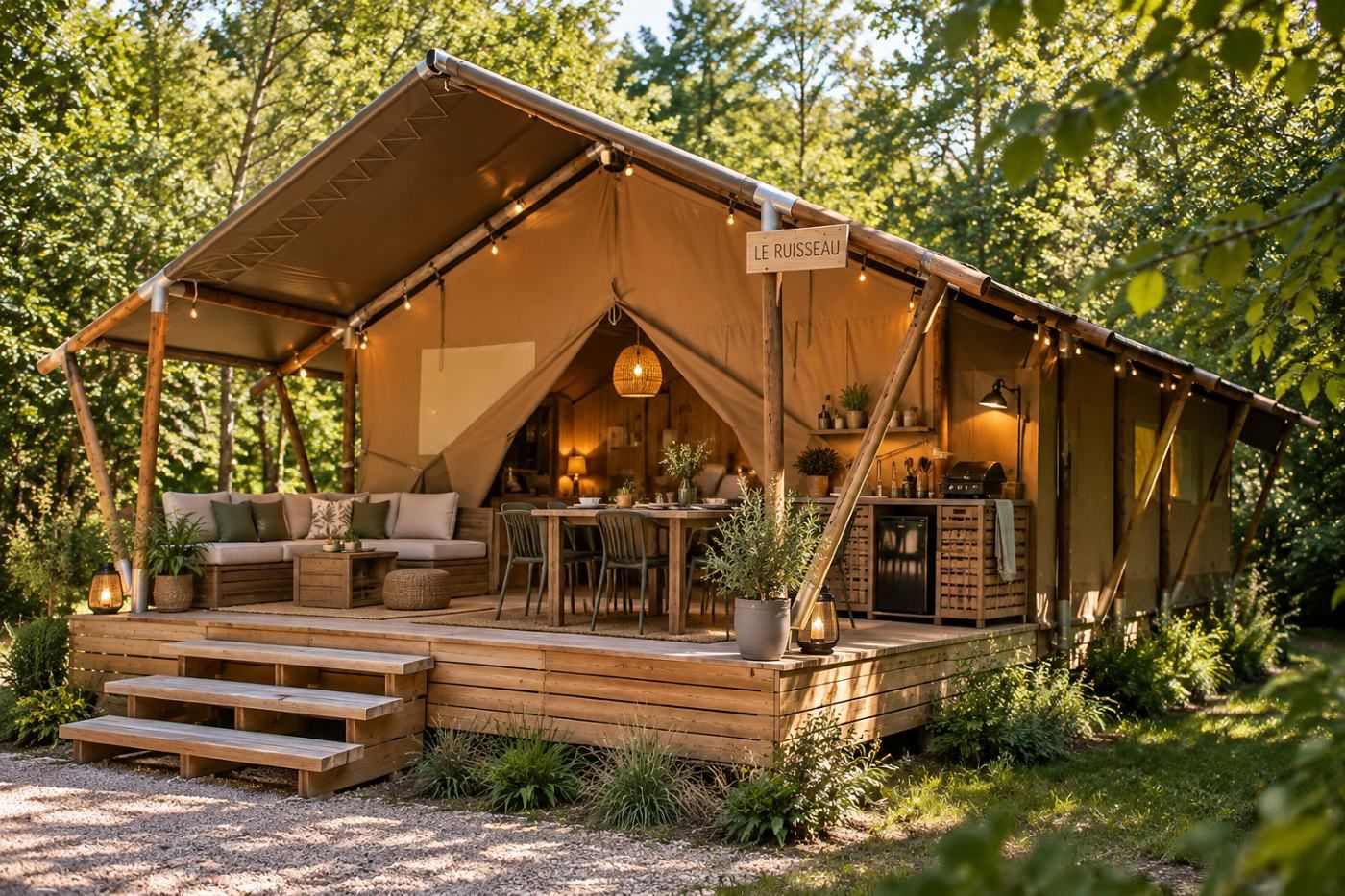 The safari tent Le Ruisseau, lit from within at dusk, with a deep veranda holding a sofa, dining table and outdoor kitchen.