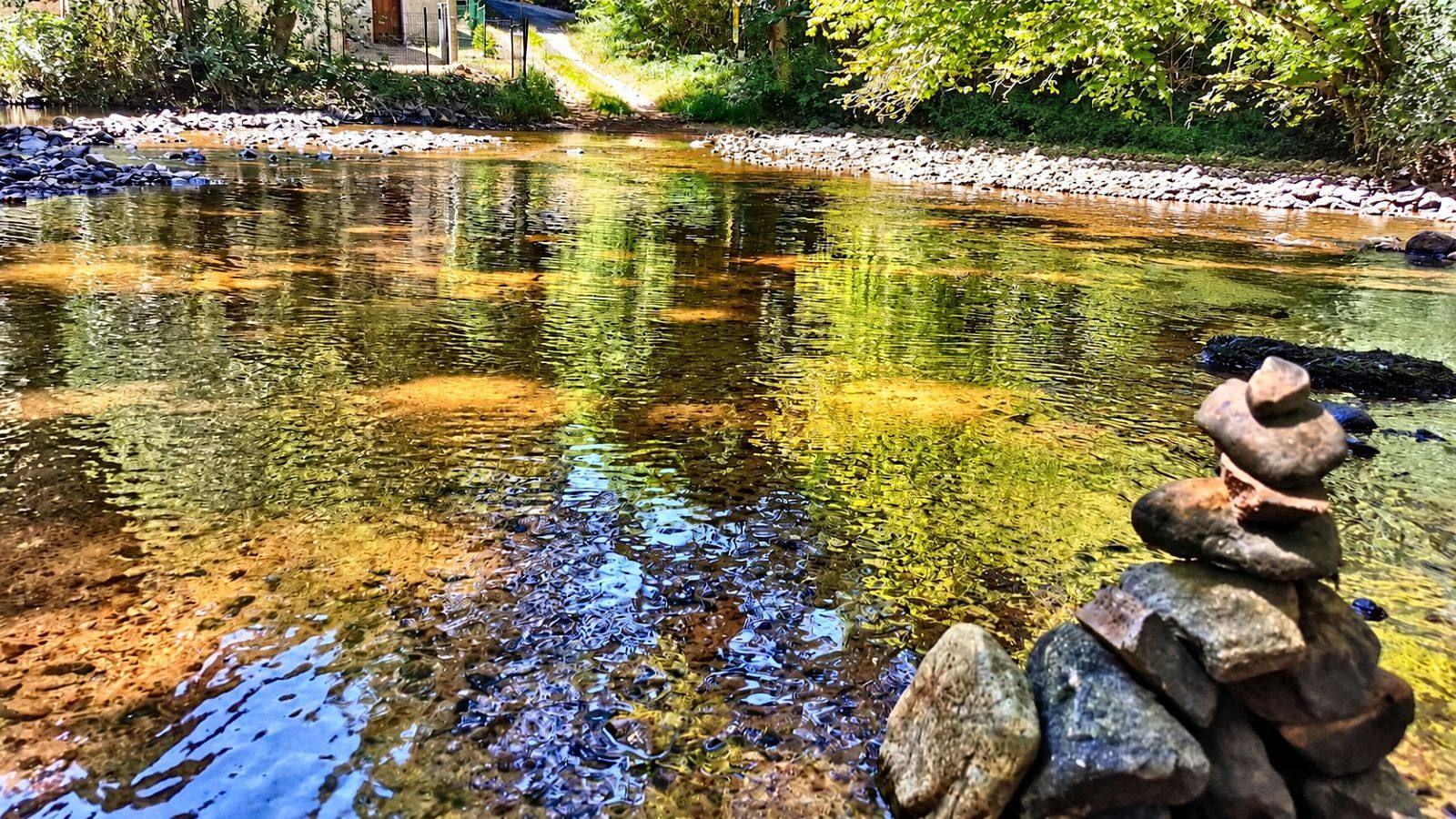 The stream running clear and shallow over golden stones, trees reflected on the surface, with a small stack of balanced stones on the near bank.